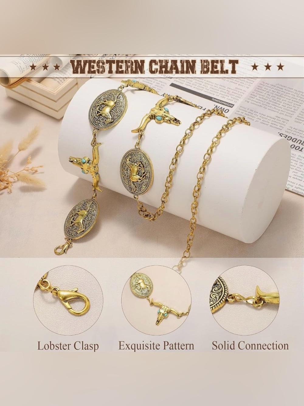 WHIPPY Western Concho Chain Belt Cowgirl Boho Turquoise Adjustable S/M Gold - Picture 4 of 7
